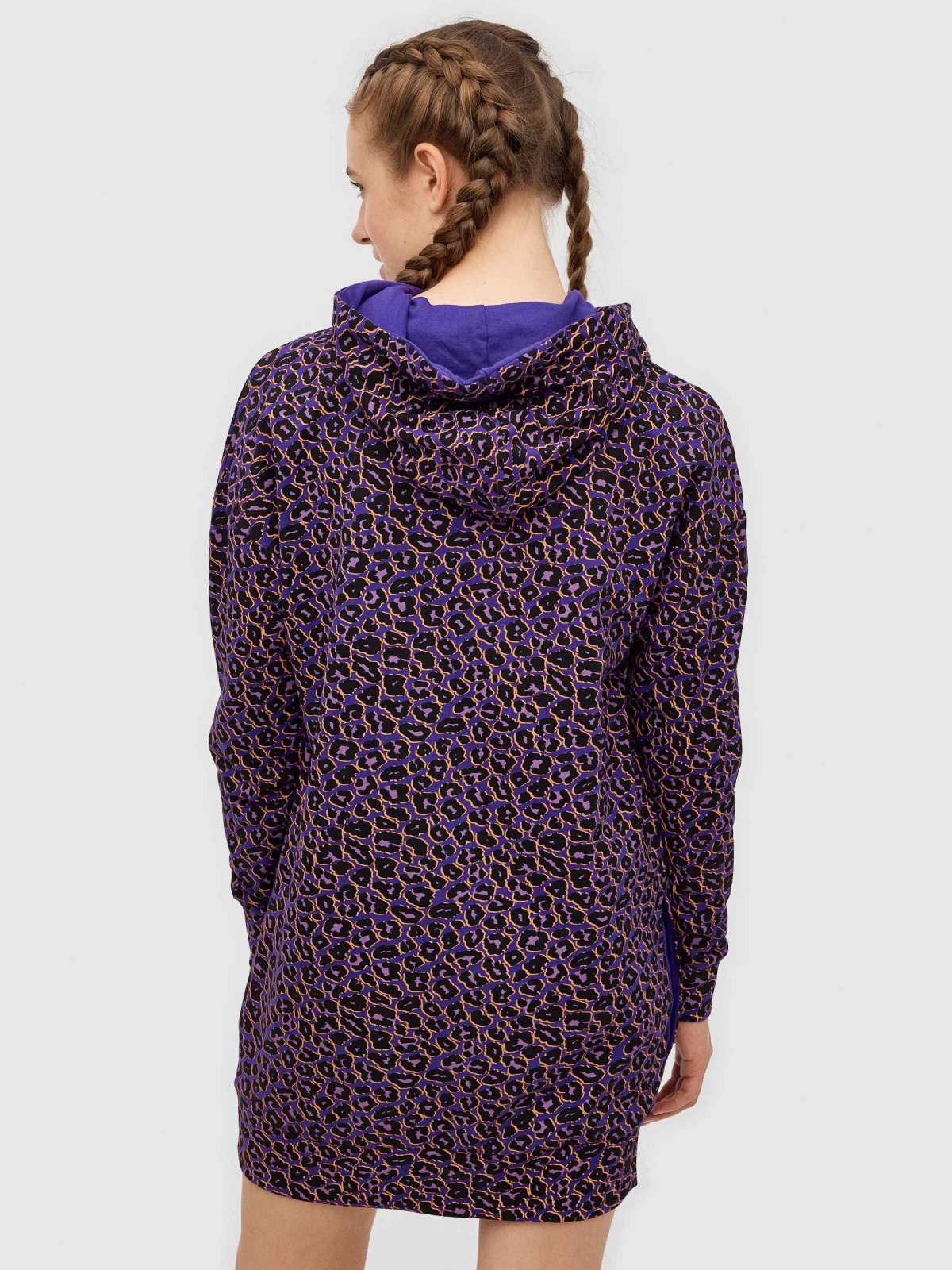 Long fit animal print sweatshirt violet middle back view