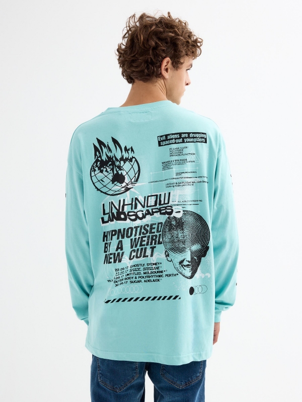 Cyber print t-shirt on sleeves light blue middle back view