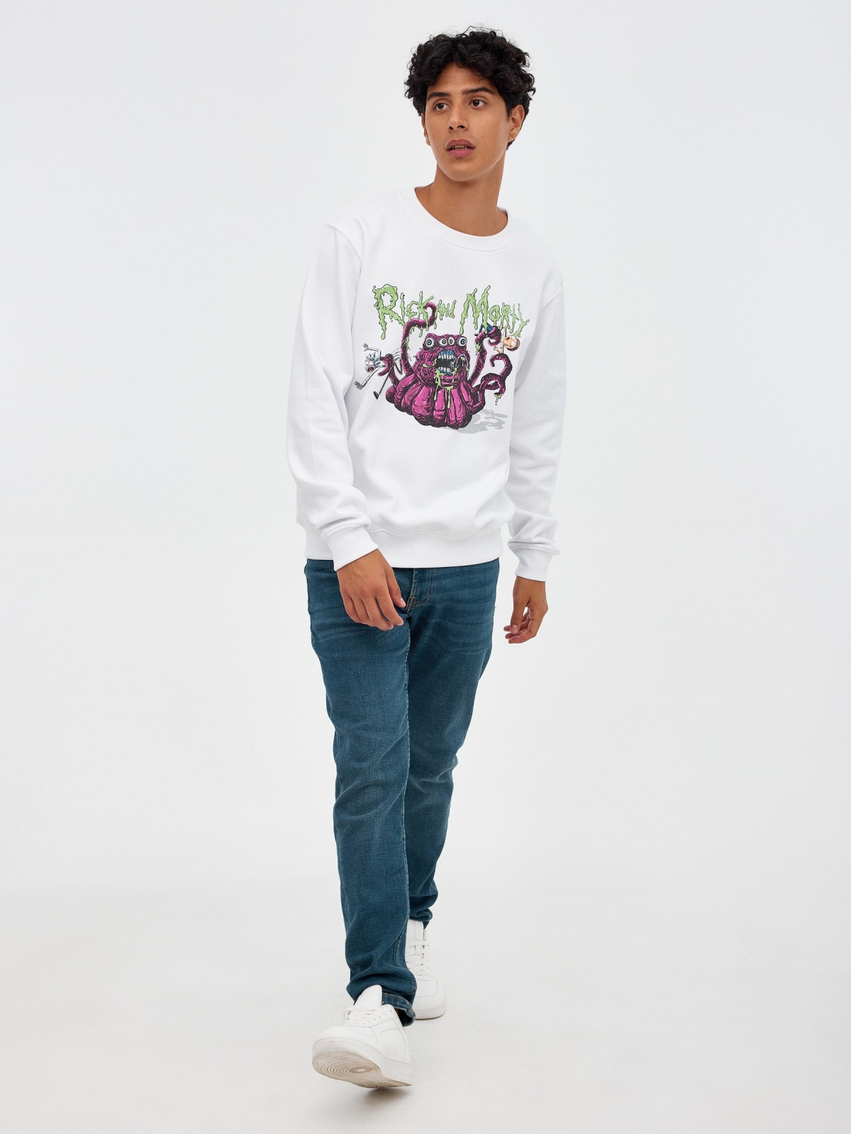 Sweatshirt sem capuz Rick&Morty branco vista geral frontal