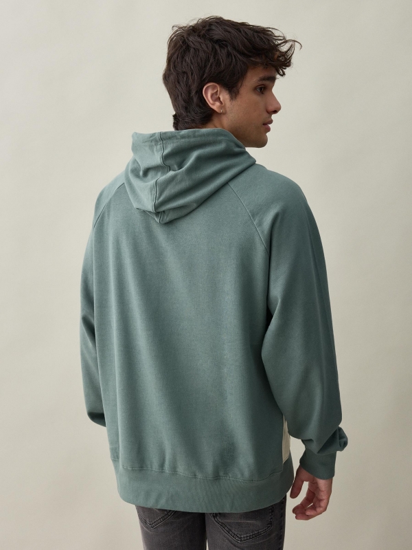 Block color kangaroo sweatshirt greyish green middle back view