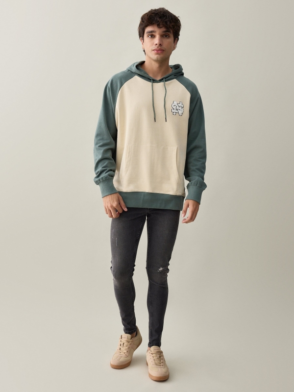 Block color kangaroo sweatshirt greyish green front view