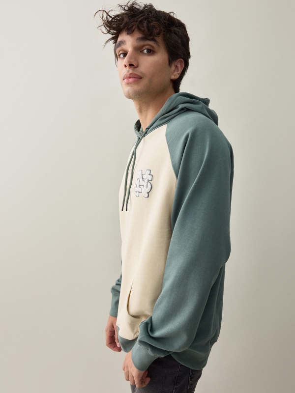 Block color kangaroo sweatshirt greyish green detail view