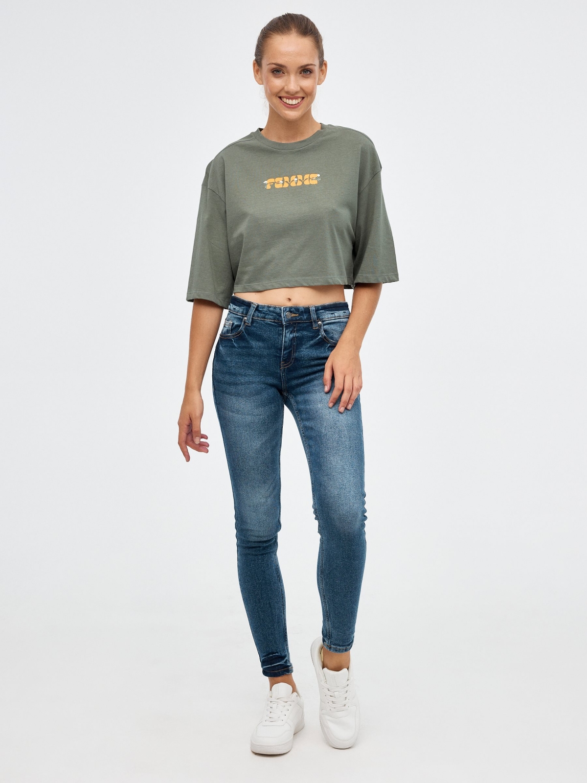 Feme crop top greyish green front view