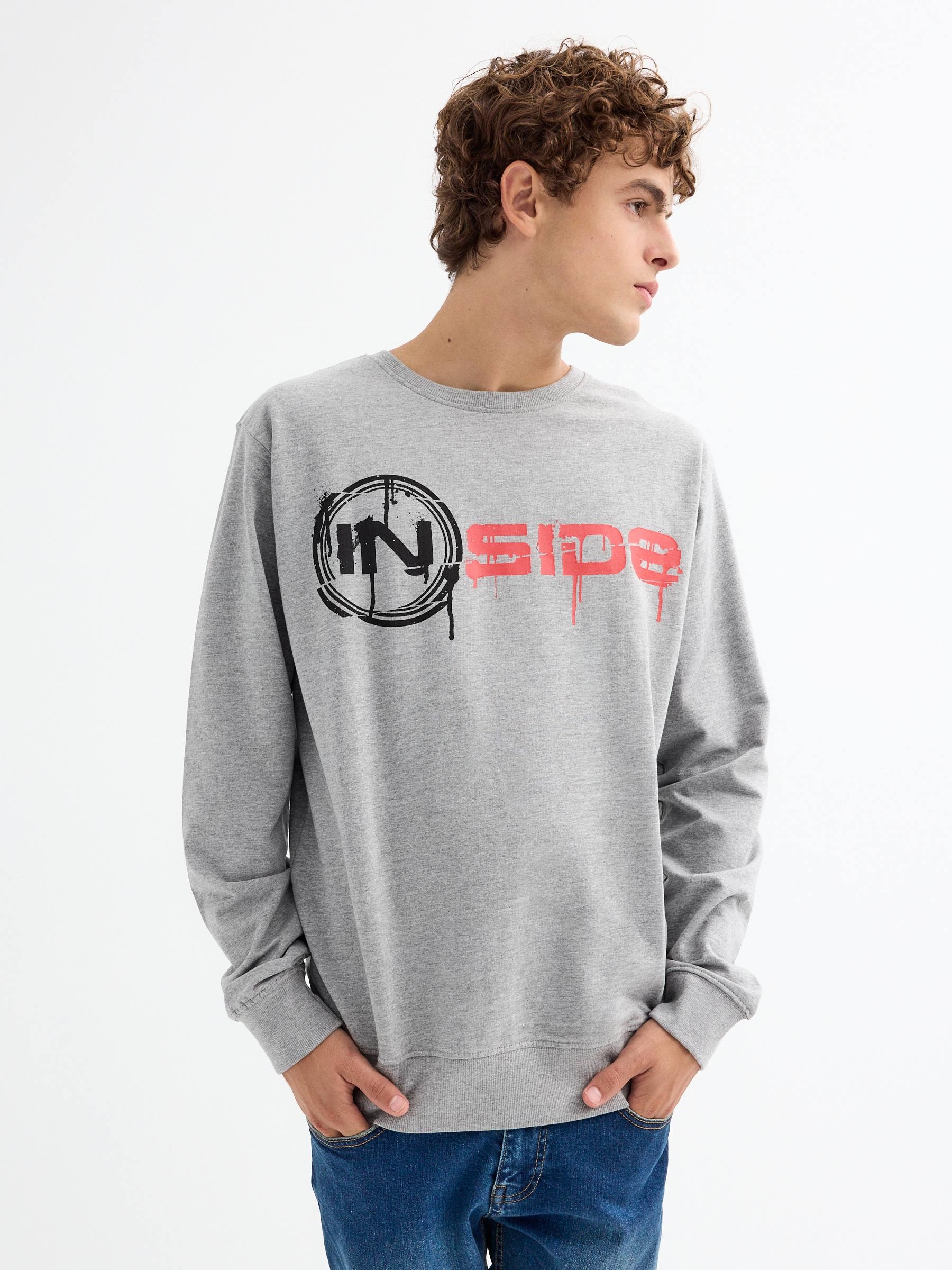 Hoodless sweatshirt with logo melange grey middle front view