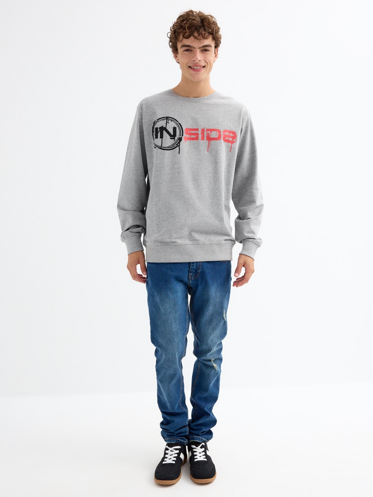 Hoodless sweatshirt with logo melange grey front view