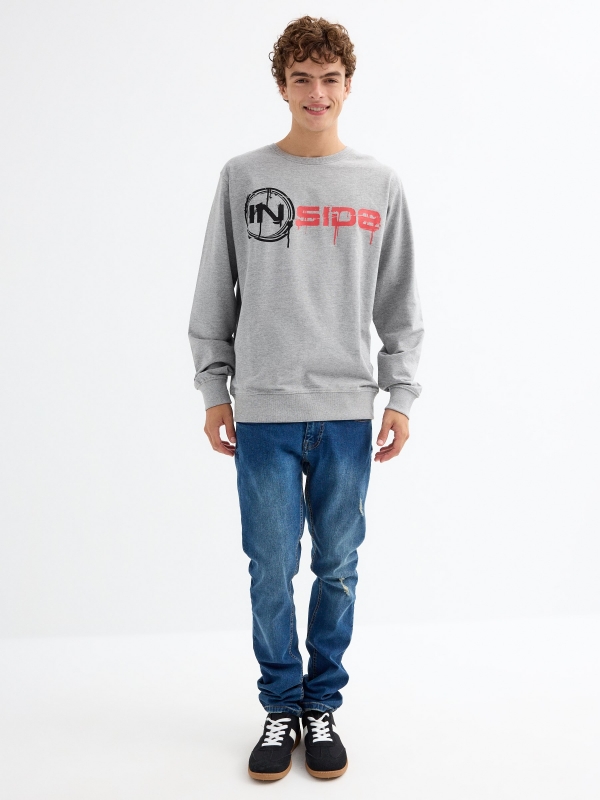 Hoodless sweatshirt with logo melange grey front view