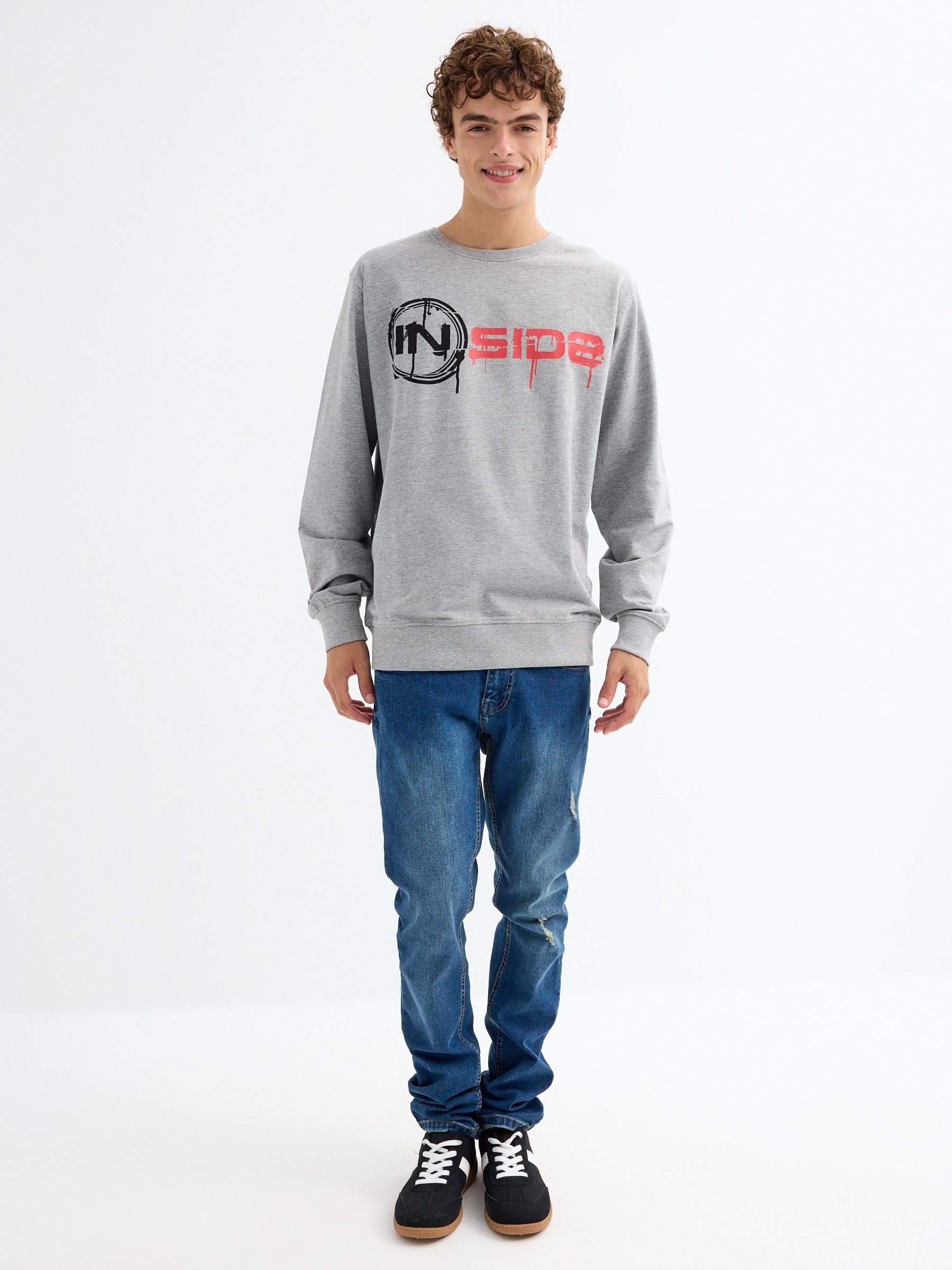 Hoodless sweatshirt with logo melange grey middle front view