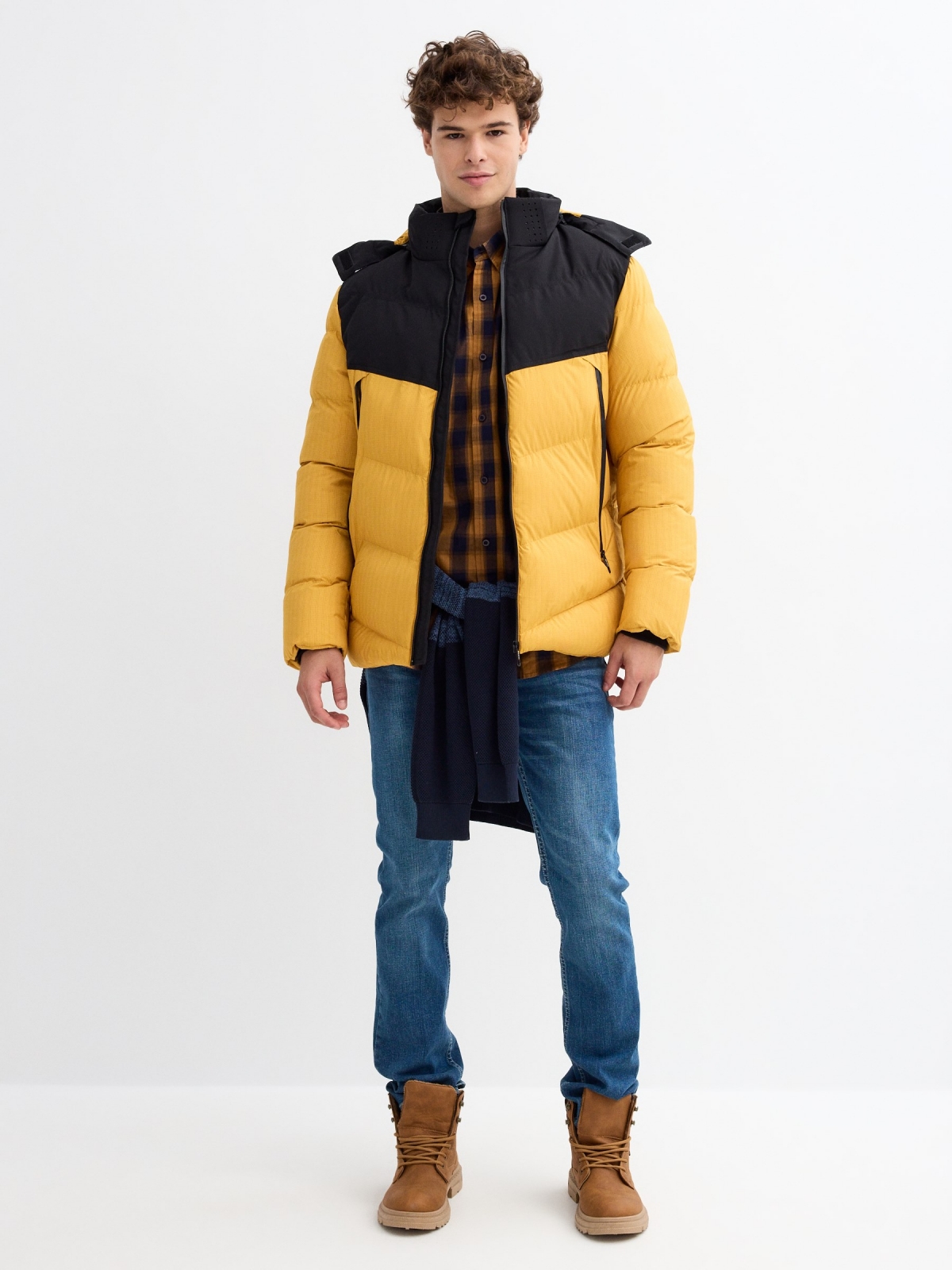 Block color quilted coat yellow general front view