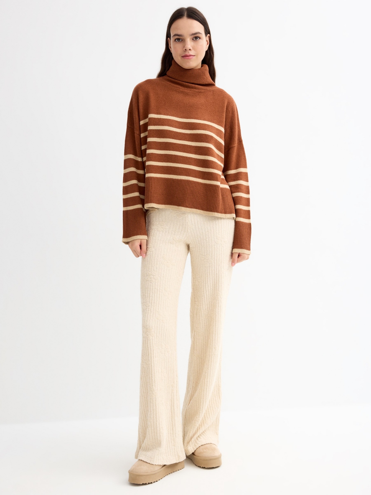 Turtleneck crop sweater brown general front view