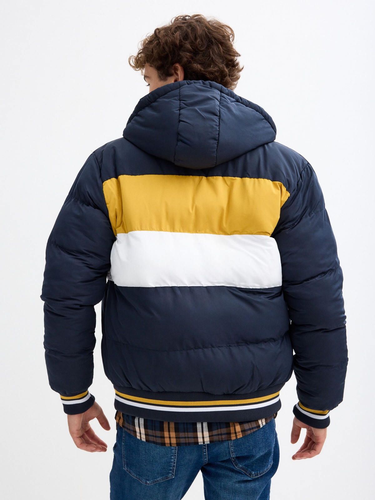 Nylon block color jacket with hood blue middle back view