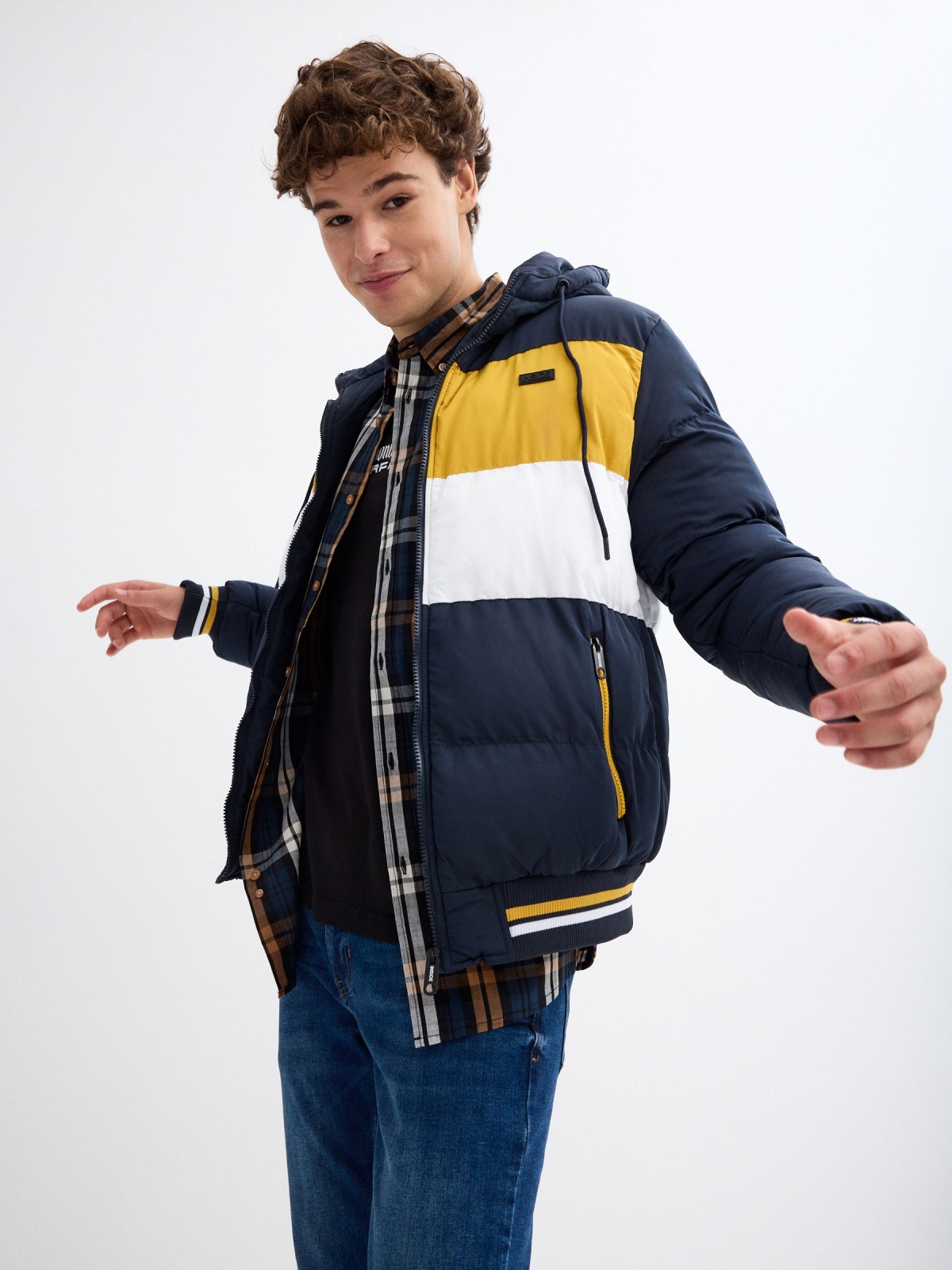 %New% Nylon block color jacket with hood blue