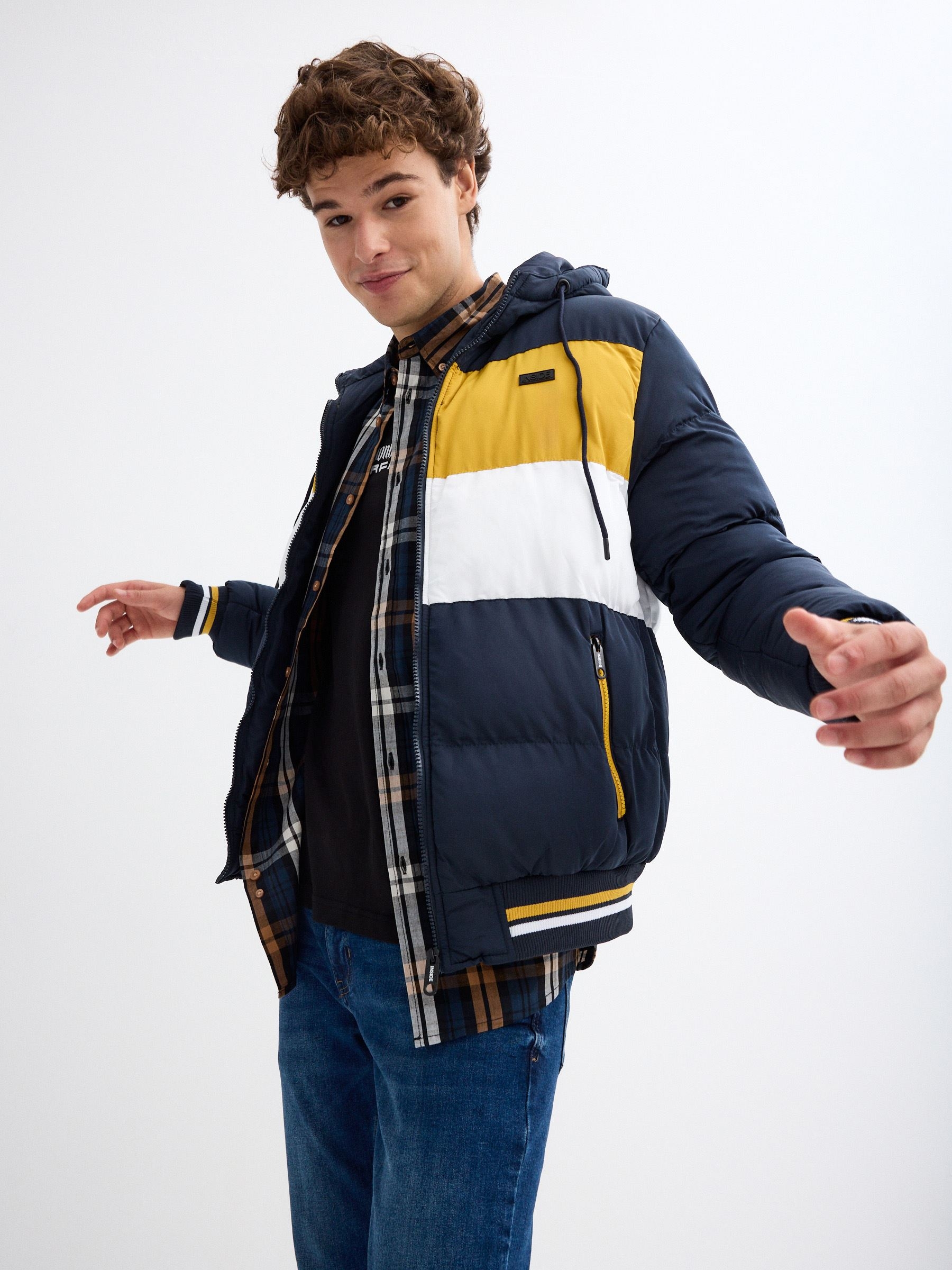 Nylon block color jacket with hood blue middle front view