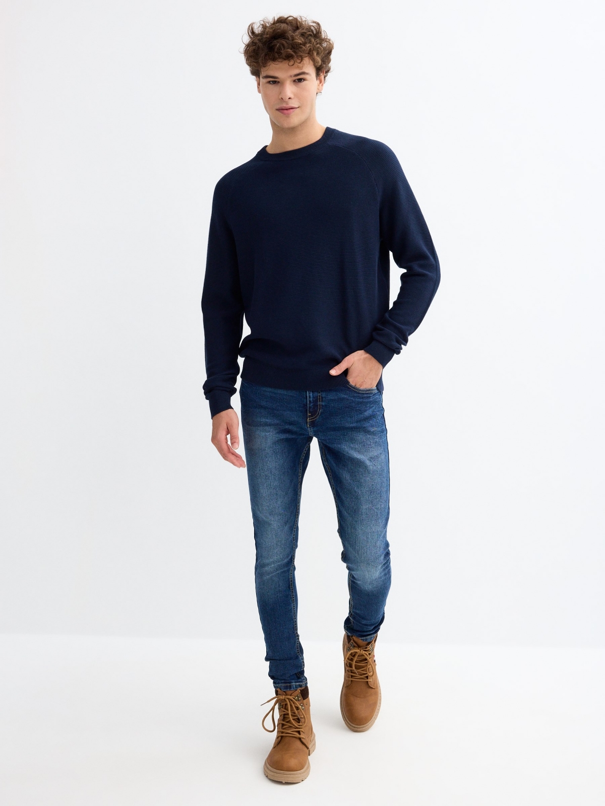 Basic ribbed sweater navy general front view