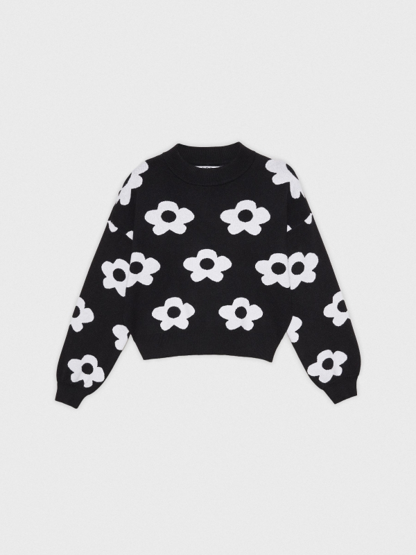 Flower crop print sweater black detail view