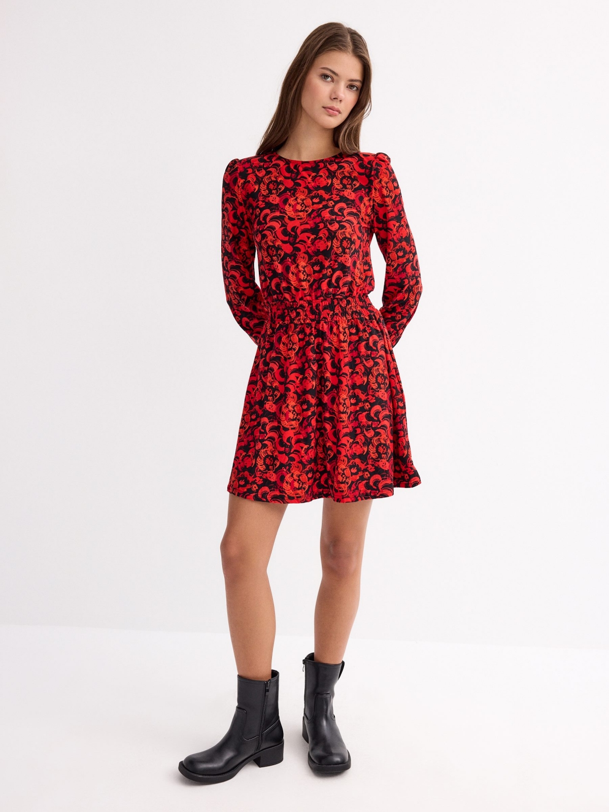 Regular print mini dress with elastic bands deep red front view