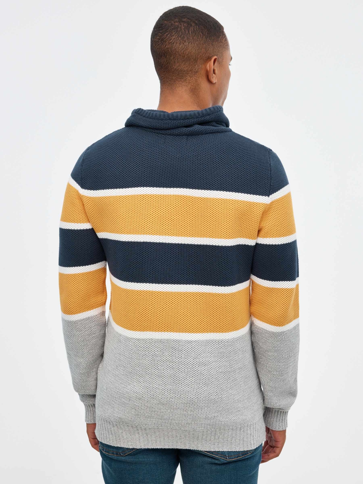 Striped turtleneck sweater navy middle back view