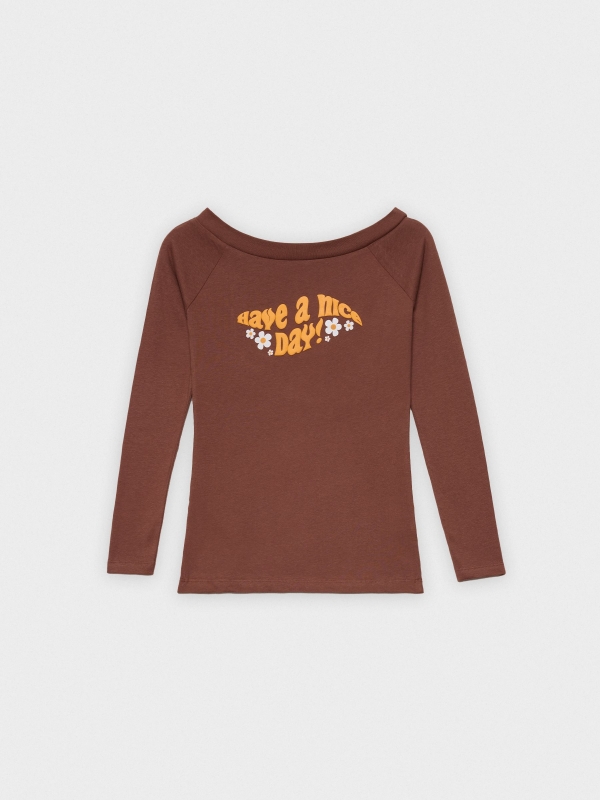  T-shirt print letters boat neck chocolate