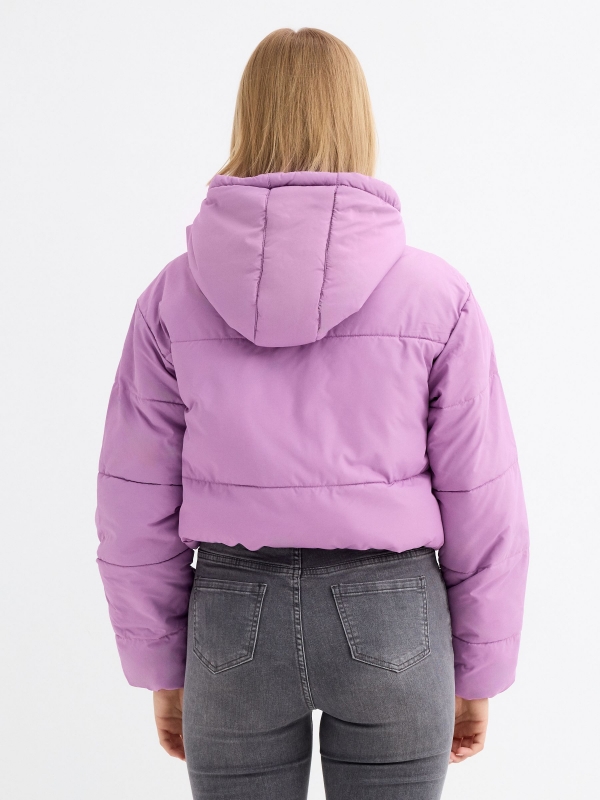 Quilted coat with hood purple middle back view