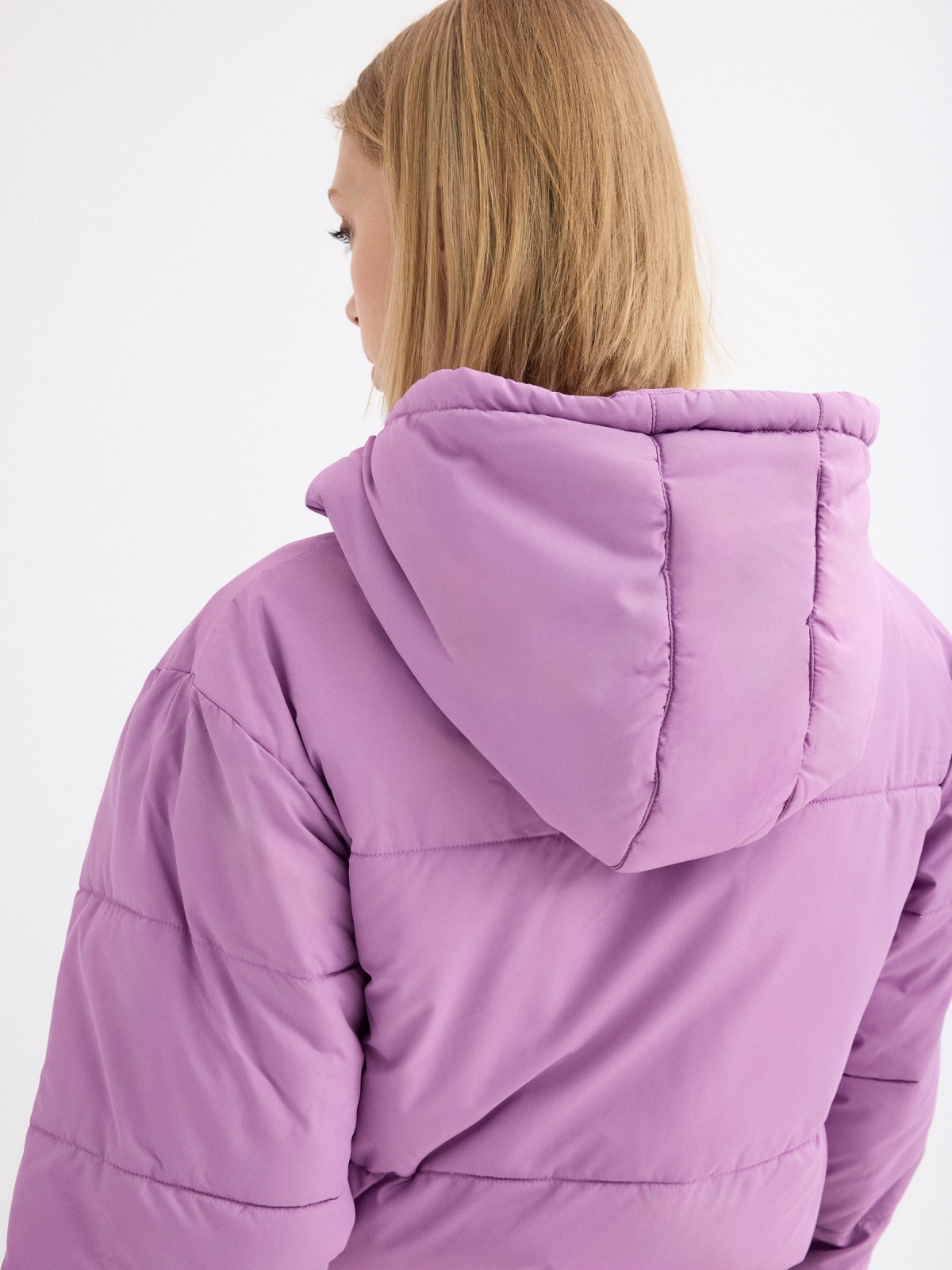 Quilted coat with hood purple detail view