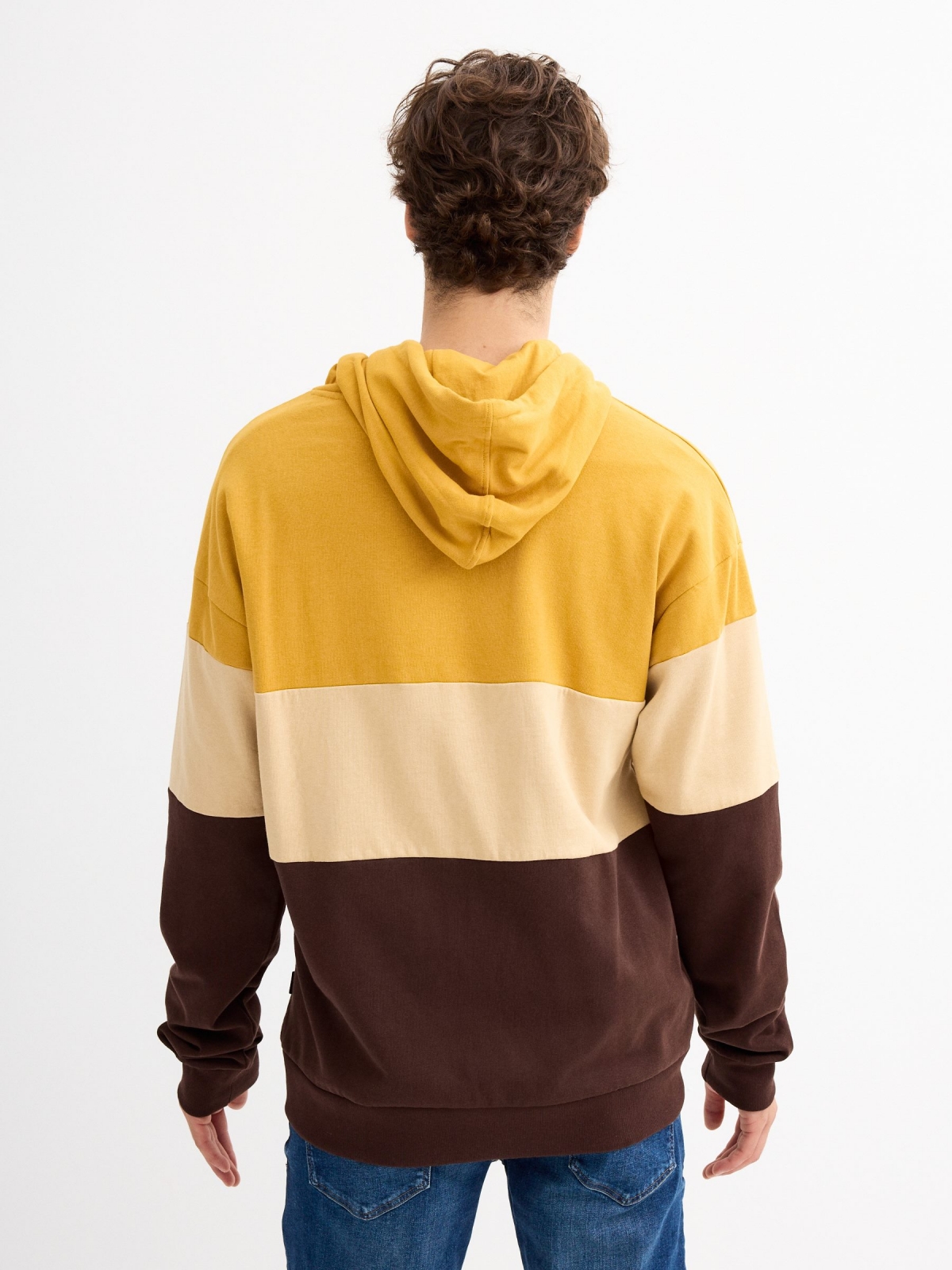 Brown block color hooded sweatshirt ochre middle back view