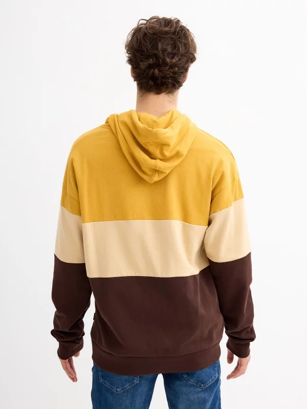 Sudadera con capucha color block marrón ocre vista media trasera