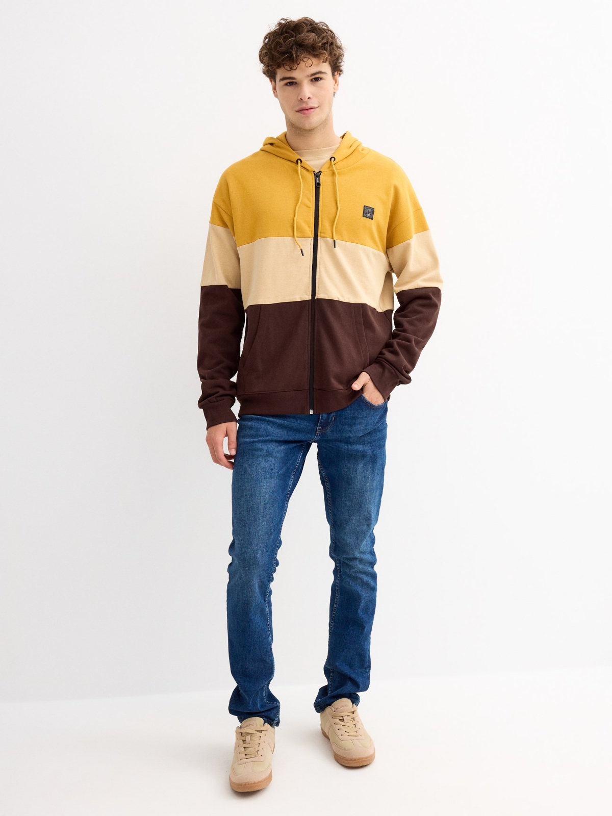 Brown block color hooded sweatshirt ochre general front view