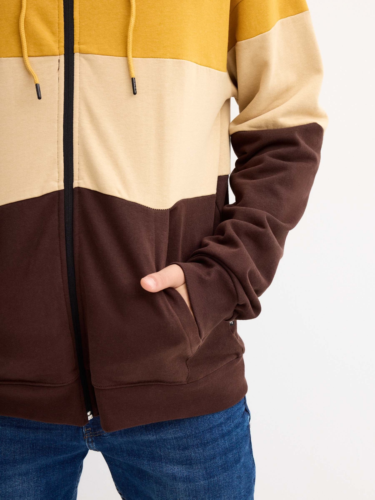 Sudadera con capucha color block marrón ocre vista detalle