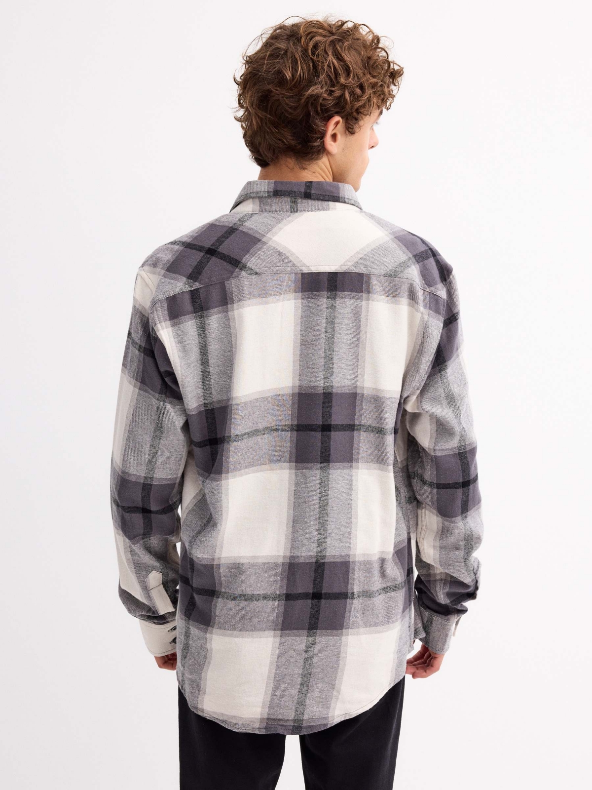 Plaid flannel shirt grey middle back view