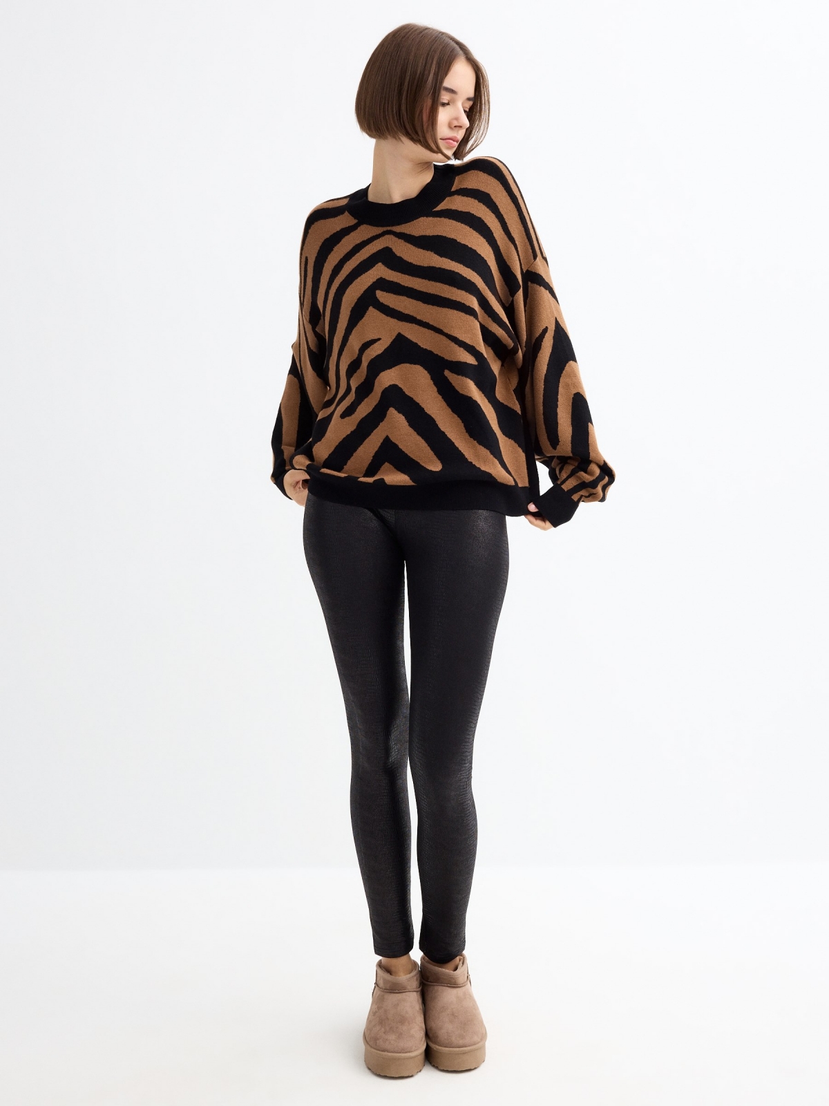 Animal print jacquard sweater brown general front view