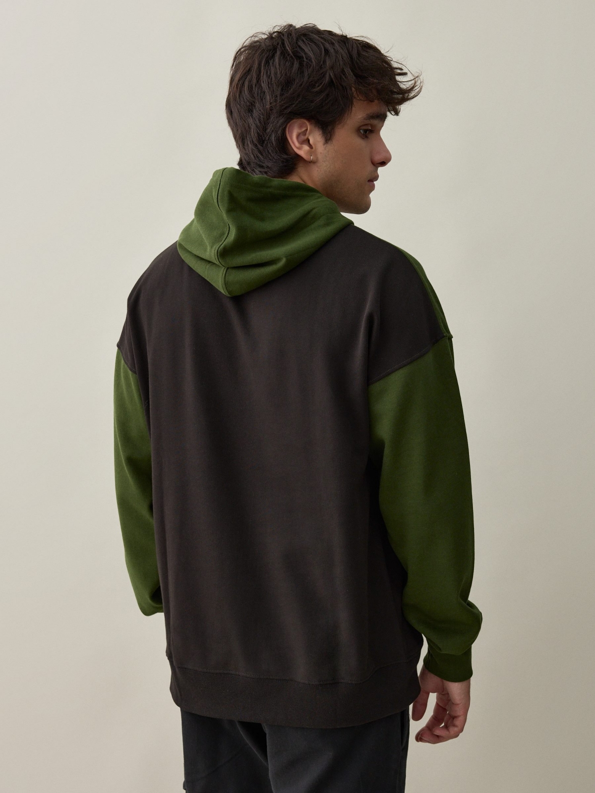 Sudadera pint grafica con color block verde oscuro vista media trasera