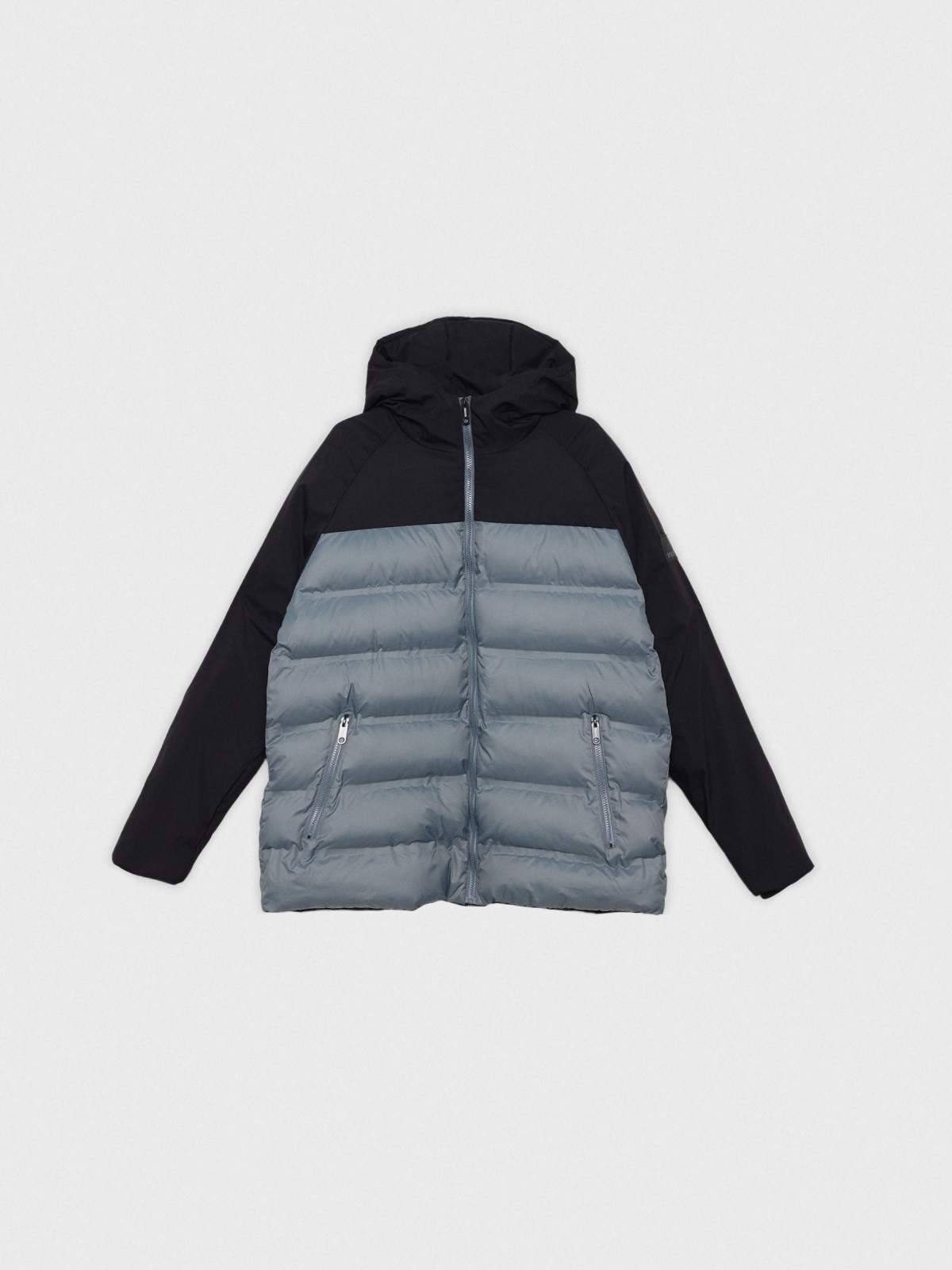  Blue block color quilted coat black front view