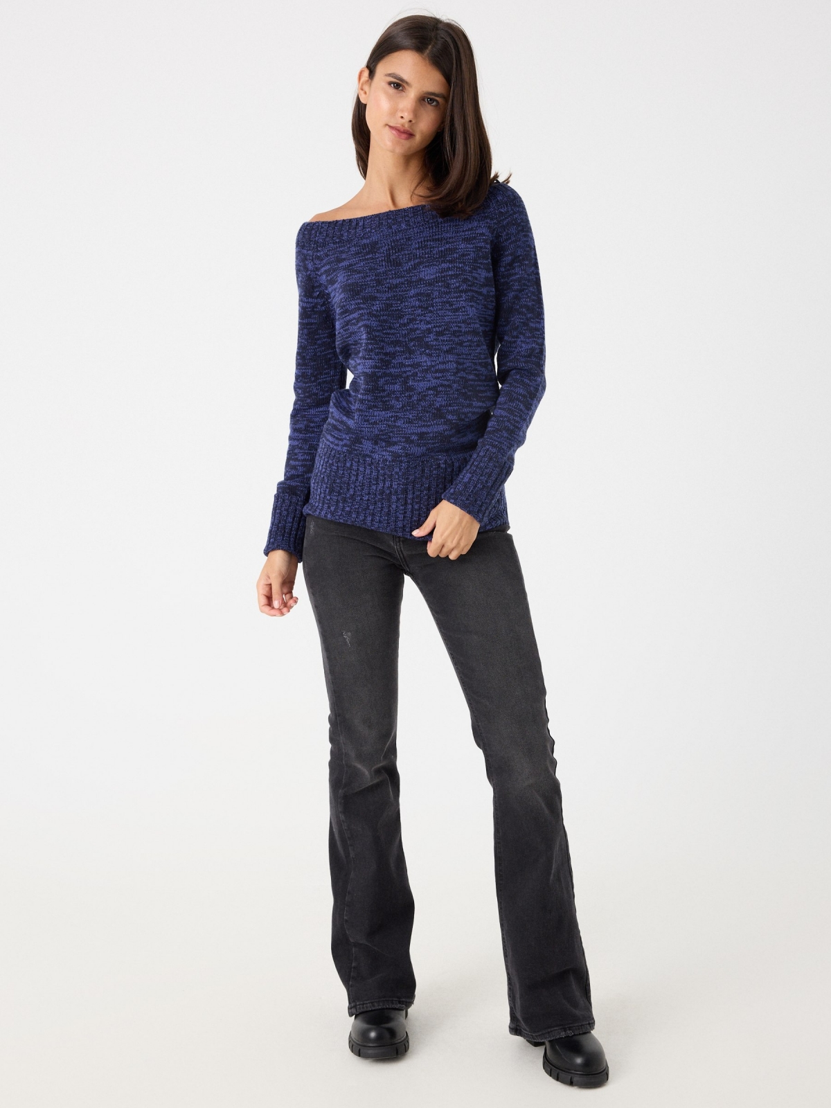 Marbled boat neck jumper dark blue front view