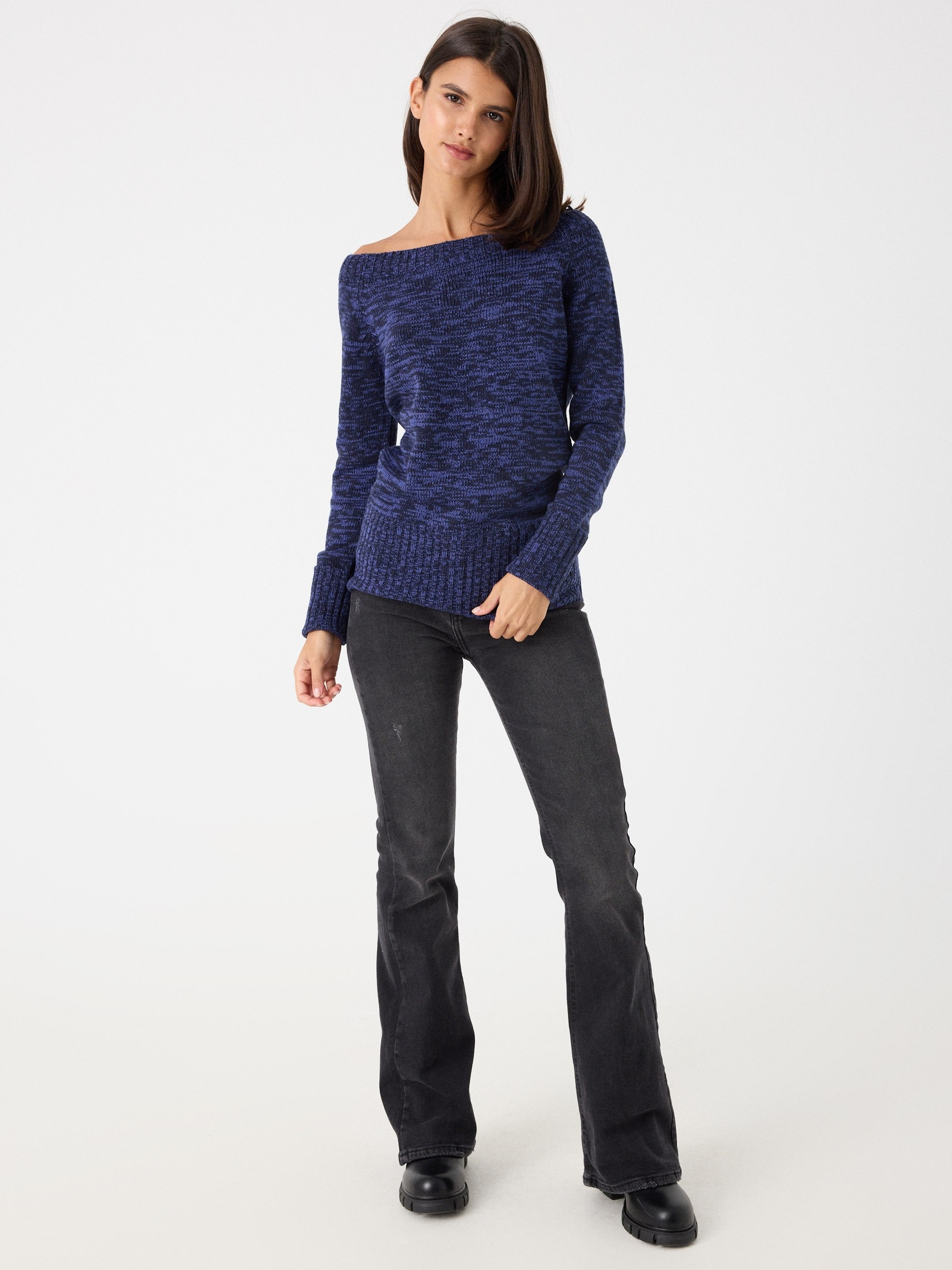 Marbled boat neck jumper dark blue middle front view