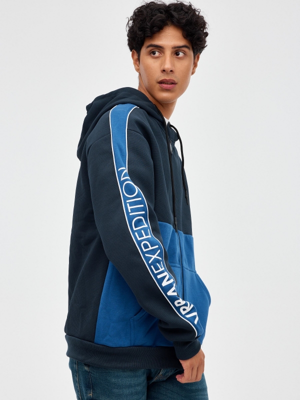 Zipper sweatshirt with text dark blue detail view