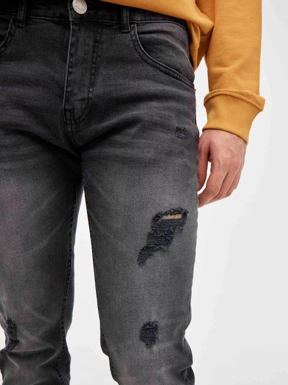 Calças de ganga slim pretas rasgadas preto vista detalhe