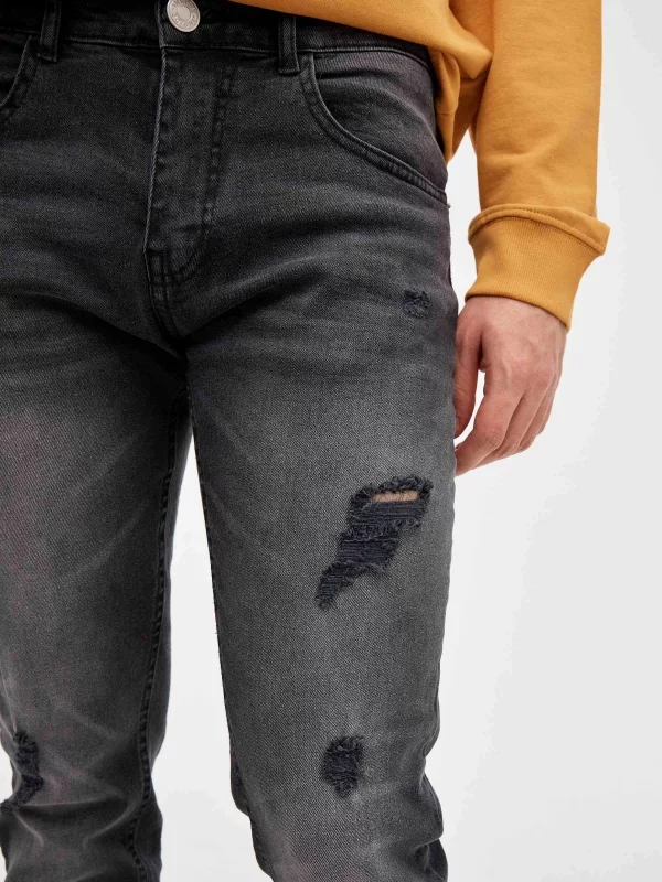 Calças de ganga slim pretas rasgadas preto vista detalhe