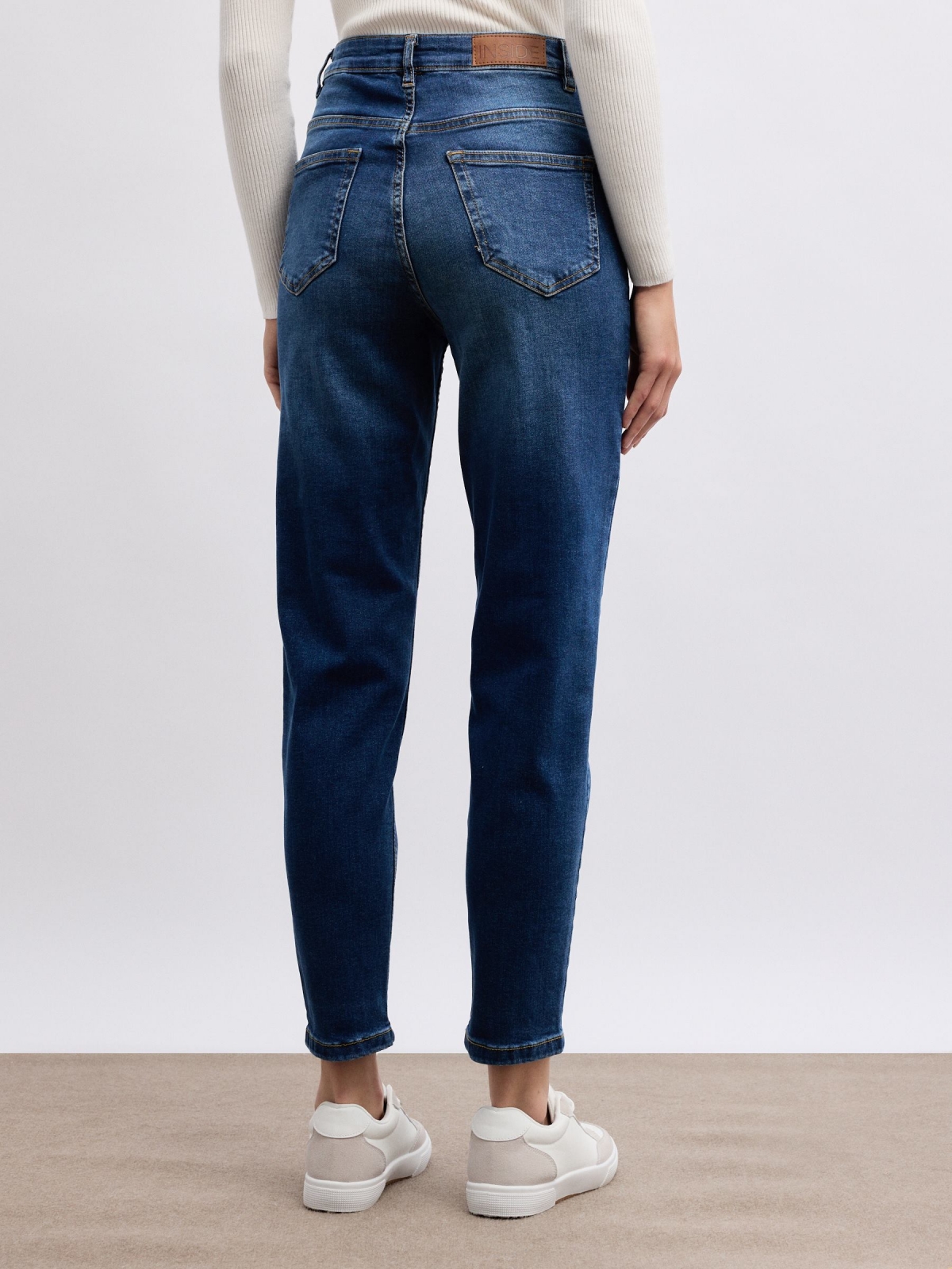 Modern mom slim denim jeans dark blue middle back view