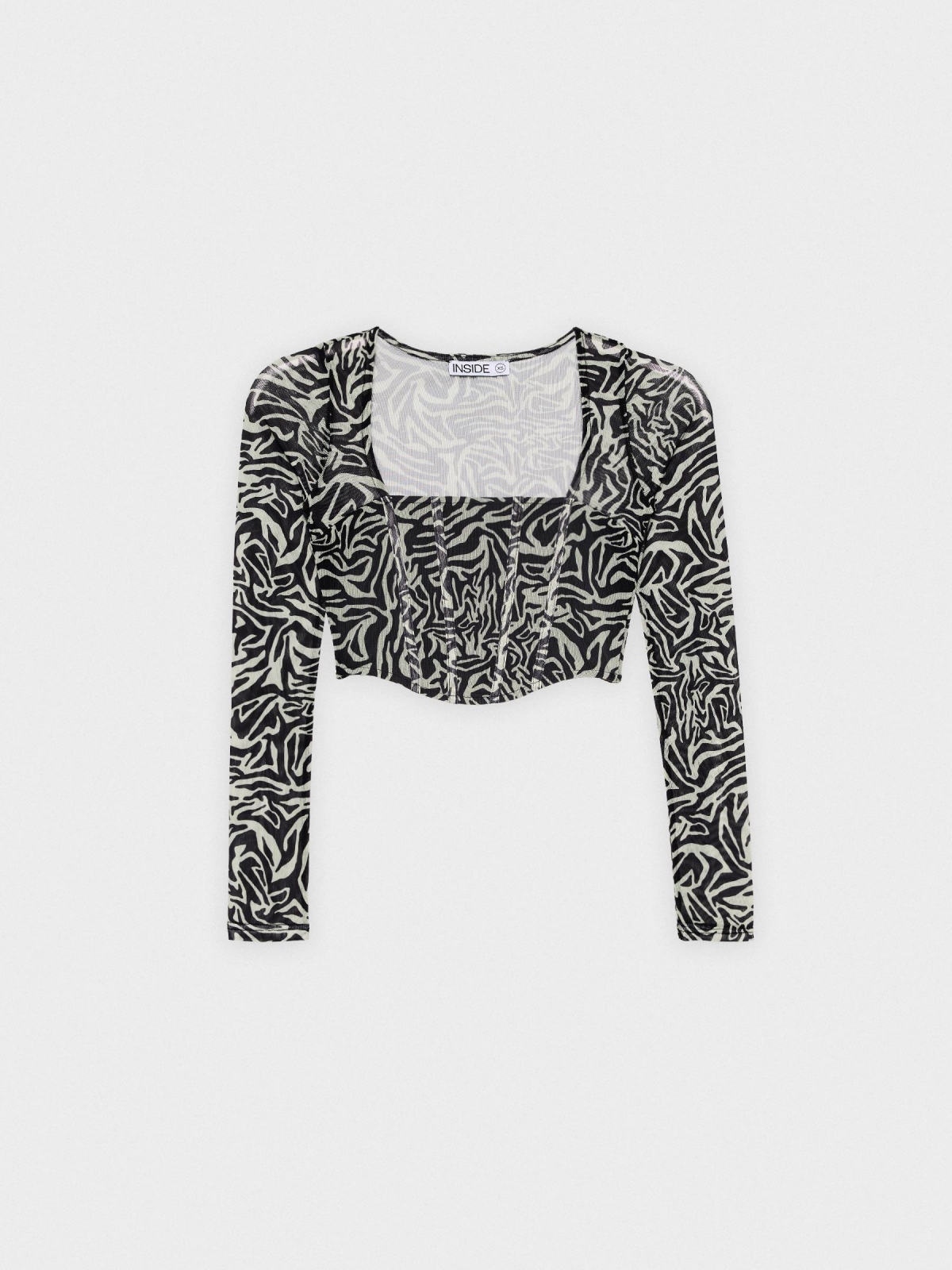  Camiseta crop mesh animal print negro/beige