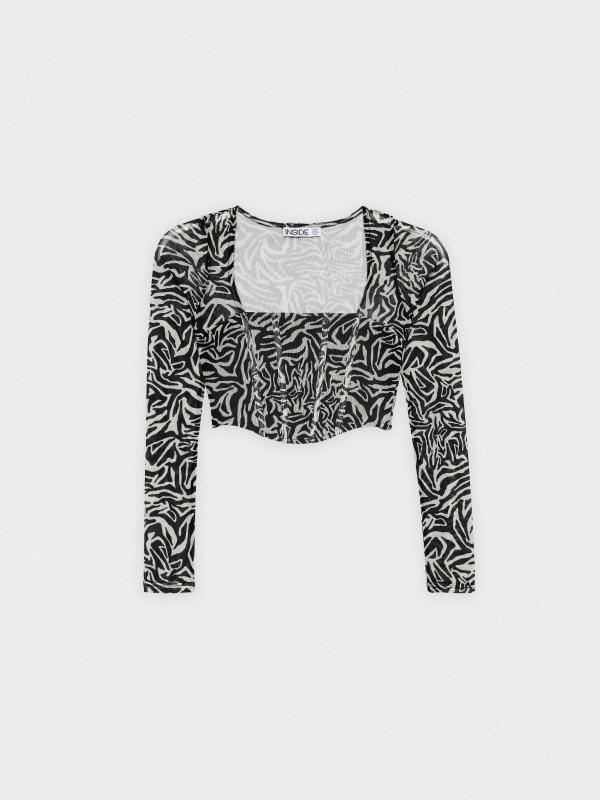  Camiseta crop mesh animal print negro/beige