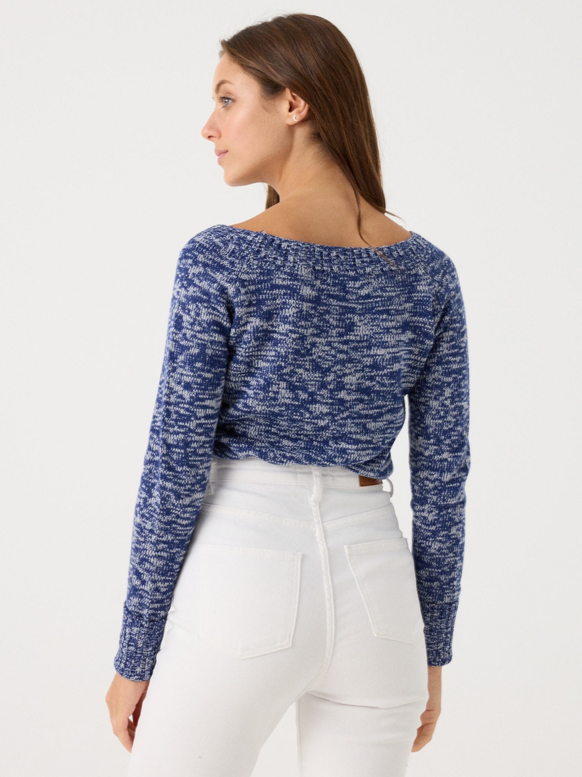 Marbled boat sweater blue middle back view Marbled boat sweater blue middle back view