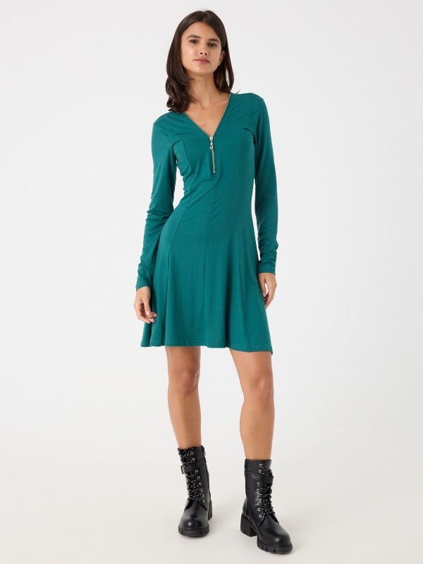 Mini dress with zipper neckline green front view