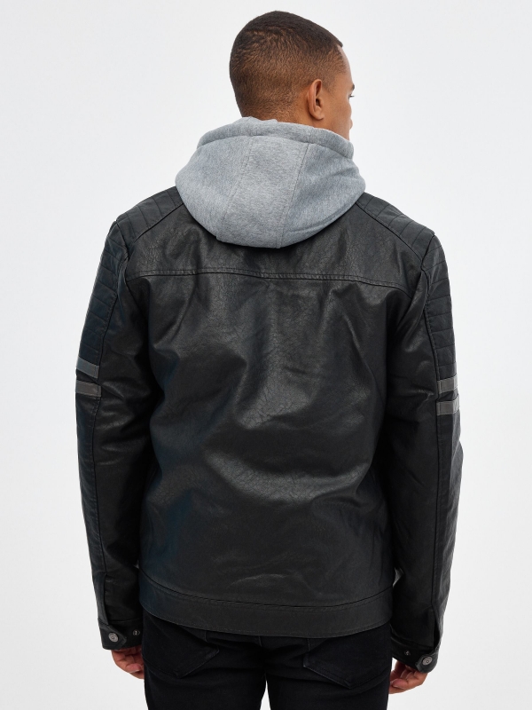 Combined hooded leatherette jacket black middle back view