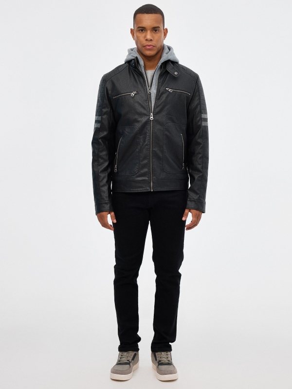 Combined hooded leatherette jacket black front view