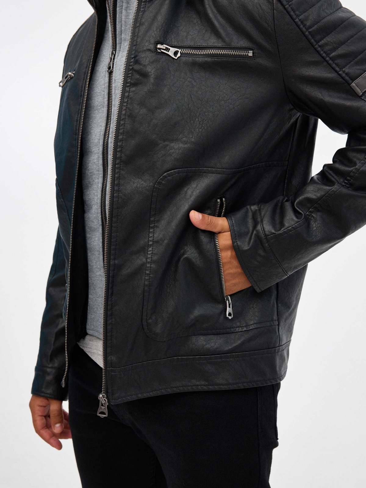 Combined hooded leatherette jacket black detail view