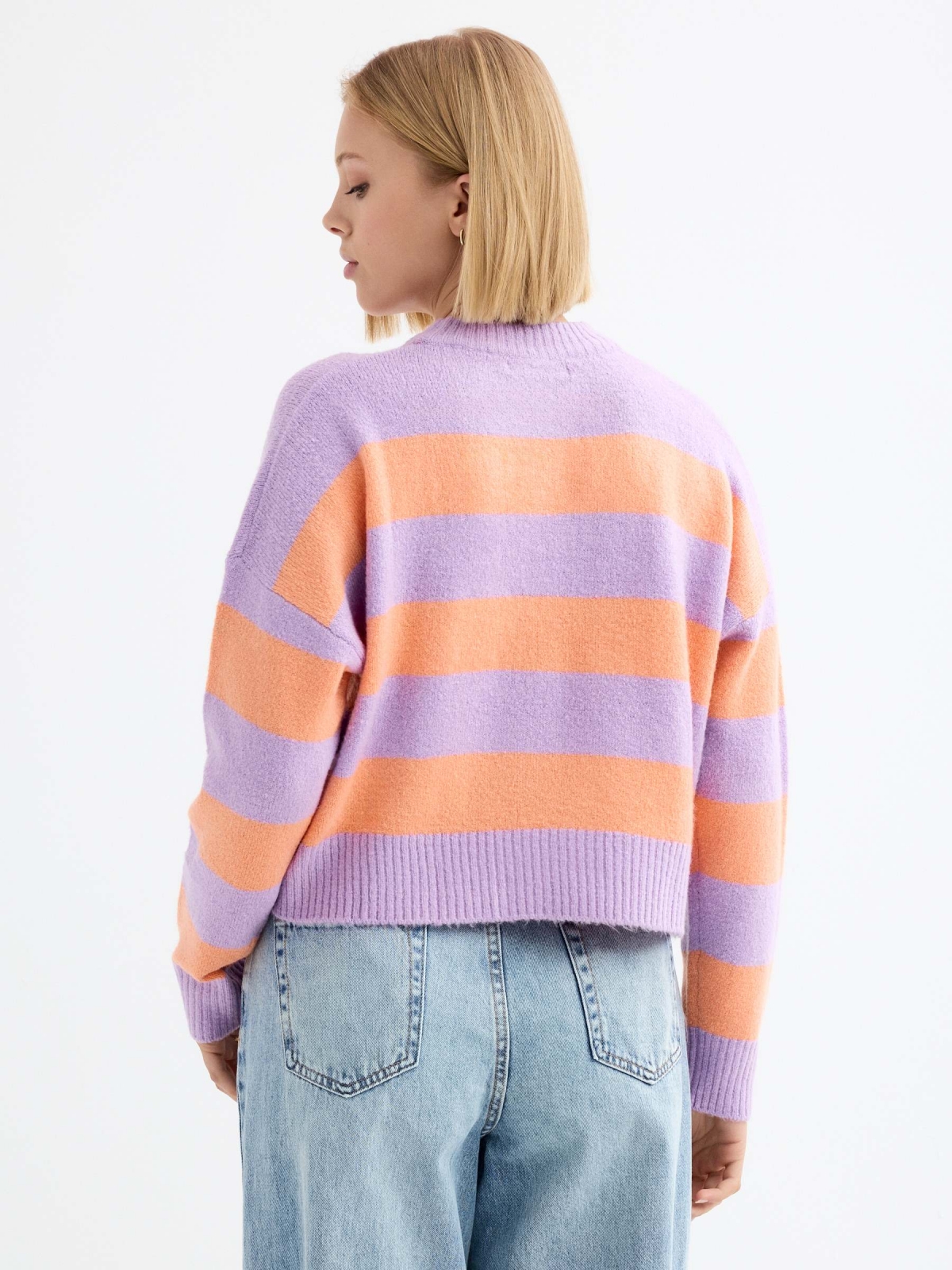 Oversized striped crop sweater lilac middle back view