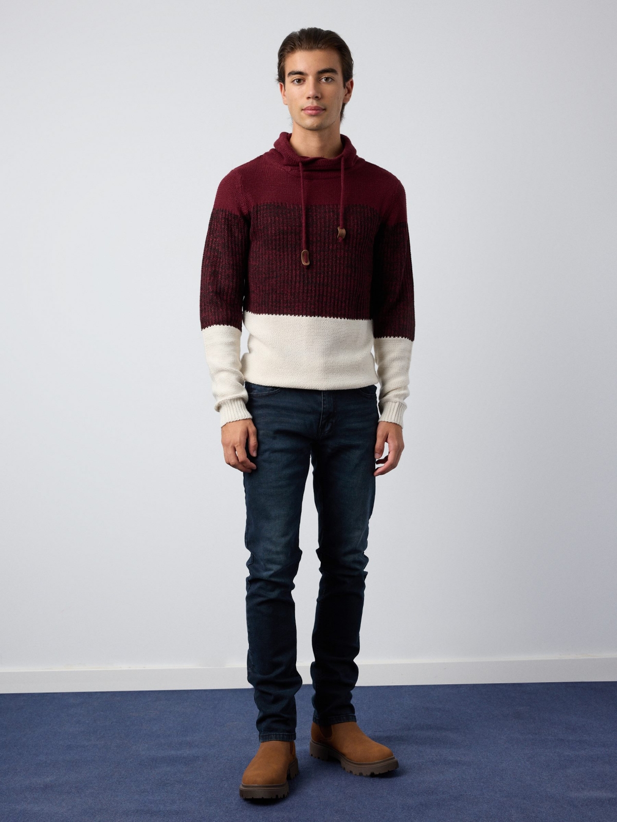 Block color turtleneck sweater burgundy front view