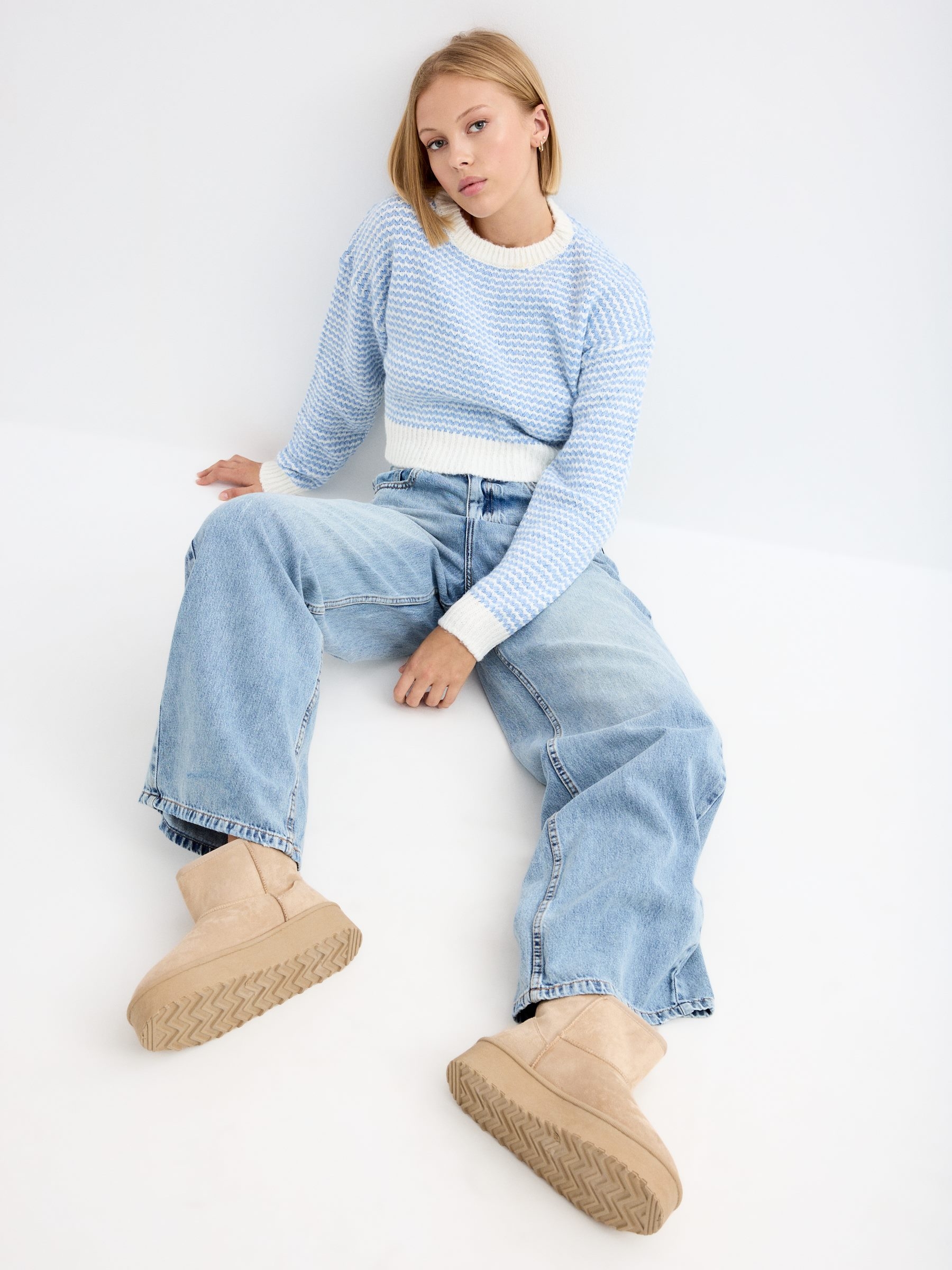 Jacquard knitted sweater blue middle front view