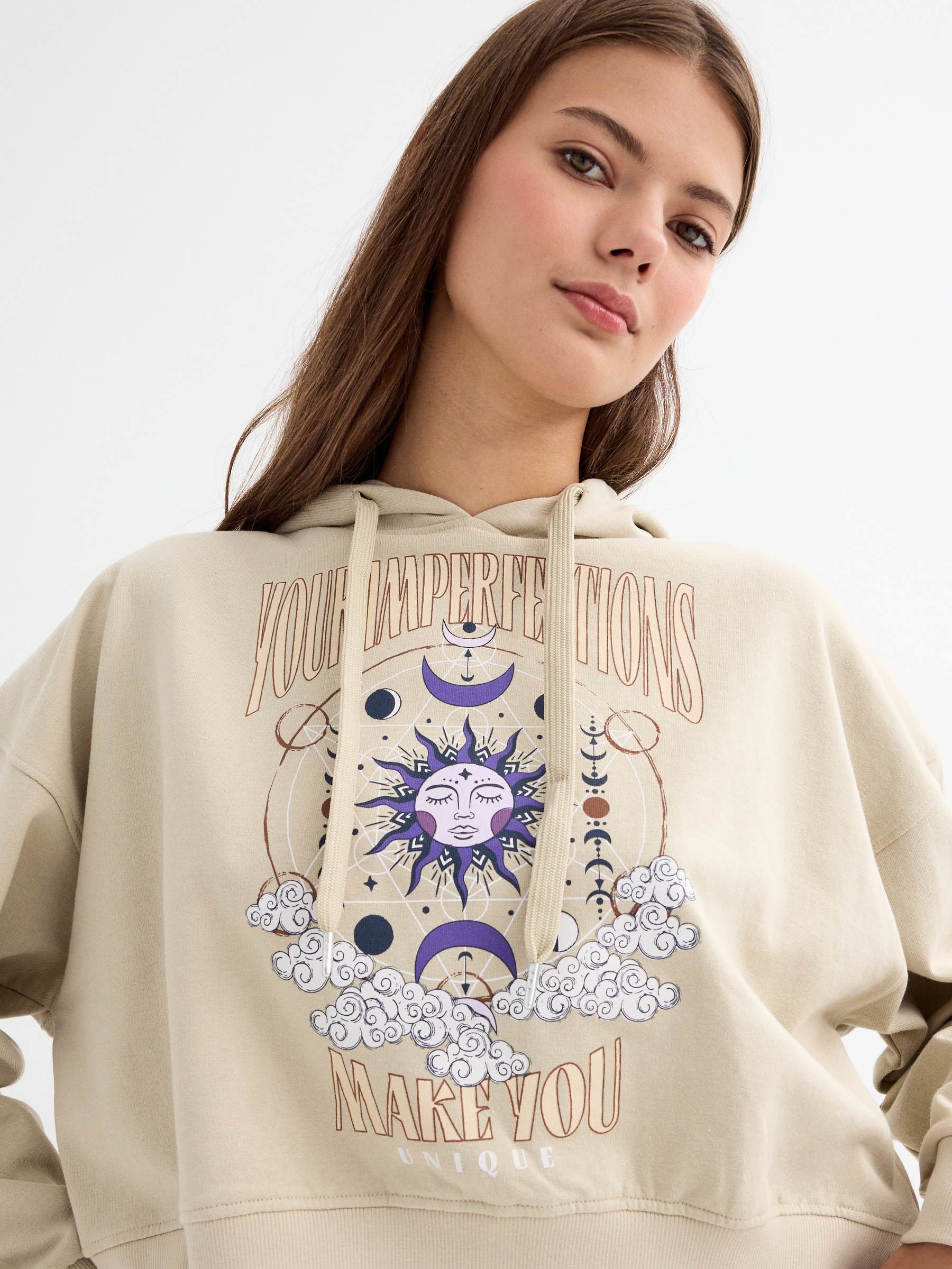 Graphic crop print sweatshirt taupe middle front view