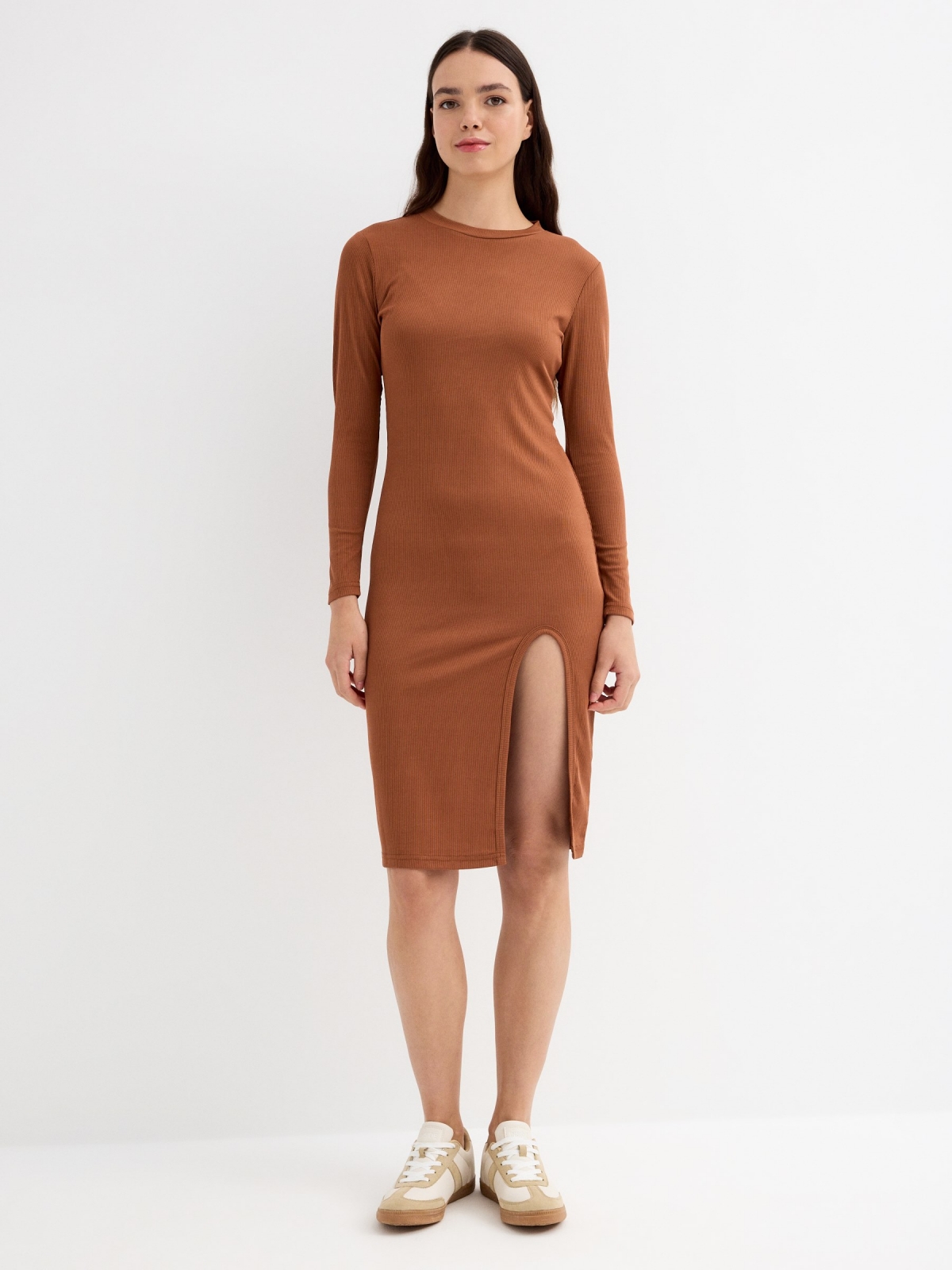 Ribbed midi dress with slit brown general front view