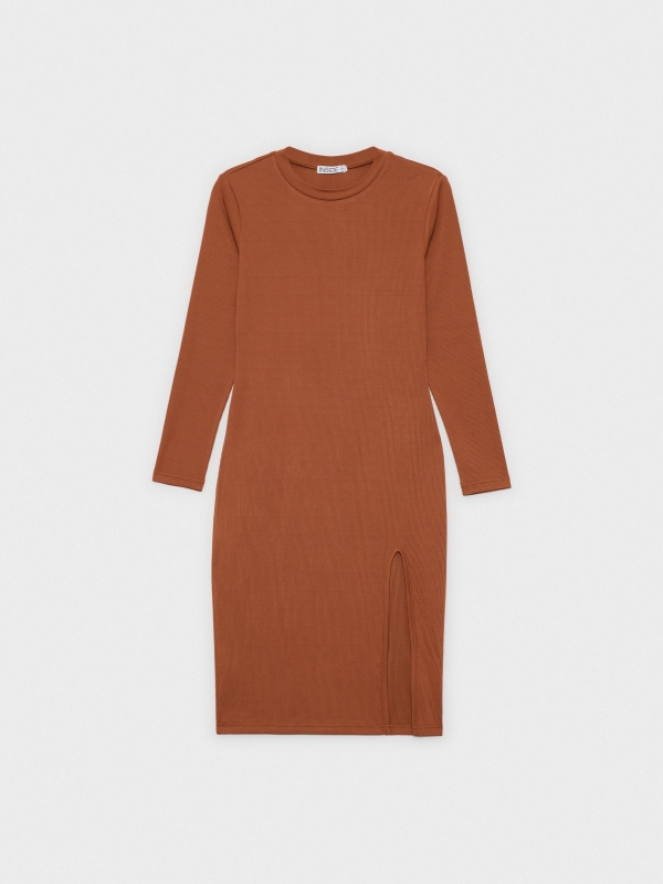  Ribbed midi dress with slit brown front view